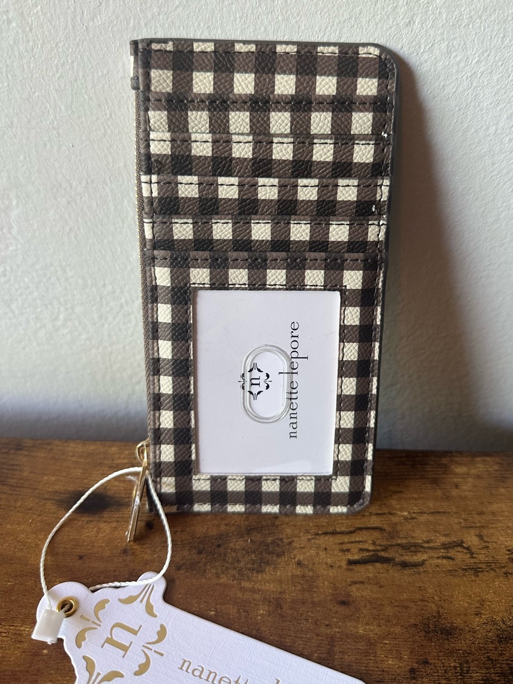 Nanette Lepore Brown and Cream Gingham Checkered Cardholder Wallet NWT